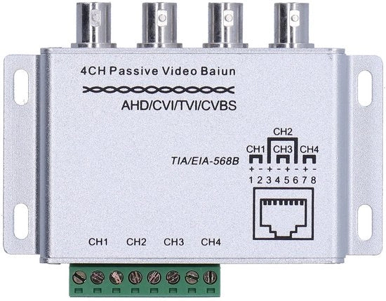 Ricevitore passivo 4 canali HD - Balun passivo - Videovigilanza - Videoconferenze - Trasmissione cavo a fibra - Massima lunghezza 450 metri - Balun video
