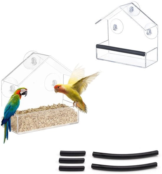 Vendita a pacchi di 2, finestra di alimentazione trasparente, gabbia in acciaio, finestra di alimentazione trasparente con chiusura a vite, con striscia adesiva nera, 15 x 15 x 6 cm, per l'alimentazione degli uccelli