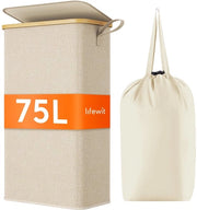 Wasmachine portatile 75L con coperchio, stendibile con sacco di lavaggio, contenitore per la spazzatura in bambù con maniglia portatile per appartamento, casa di studente e caravan, beige