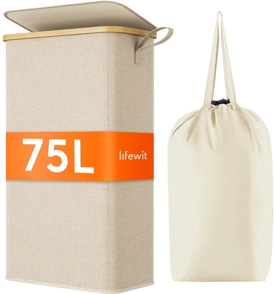 Wasmachine portatile 75L con coperchio, stendibile con sacco di lavaggio, contenitore per la spazzatura in bambù con maniglia portatile per appartamento, casa di studente e caravan, beige