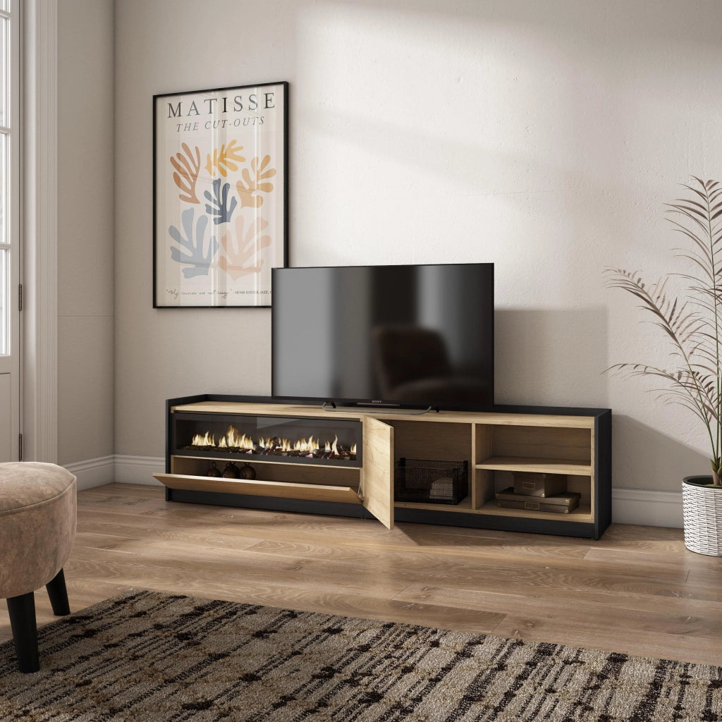Mobile TV Soggiorno, 207x50x37 cm, Per TV fino a 80", Camino elettrico, Rovere e nero