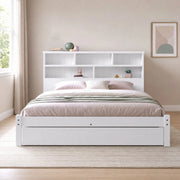 Letto matrimoniale 140x200 cm in legno bianco con testiera libreria e 2 cassetti