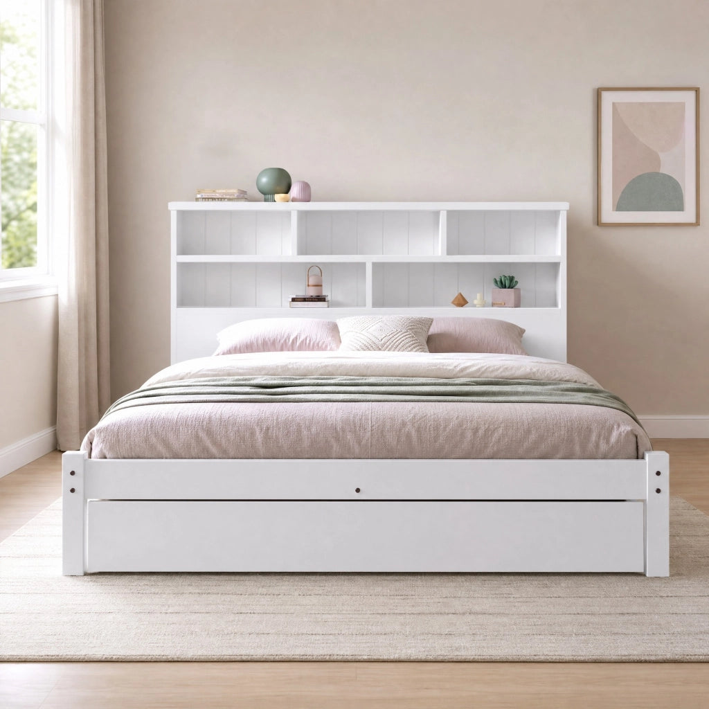 Letto matrimoniale 140x200 cm in legno bianco con testiera libreria e 2 cassetti