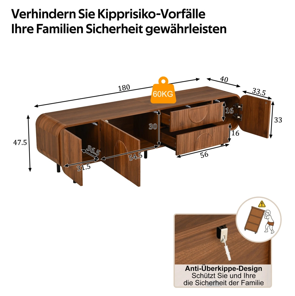 Mobile TV 180x40x47,5 cm noce MDF con 3 ante e 2 cassetti