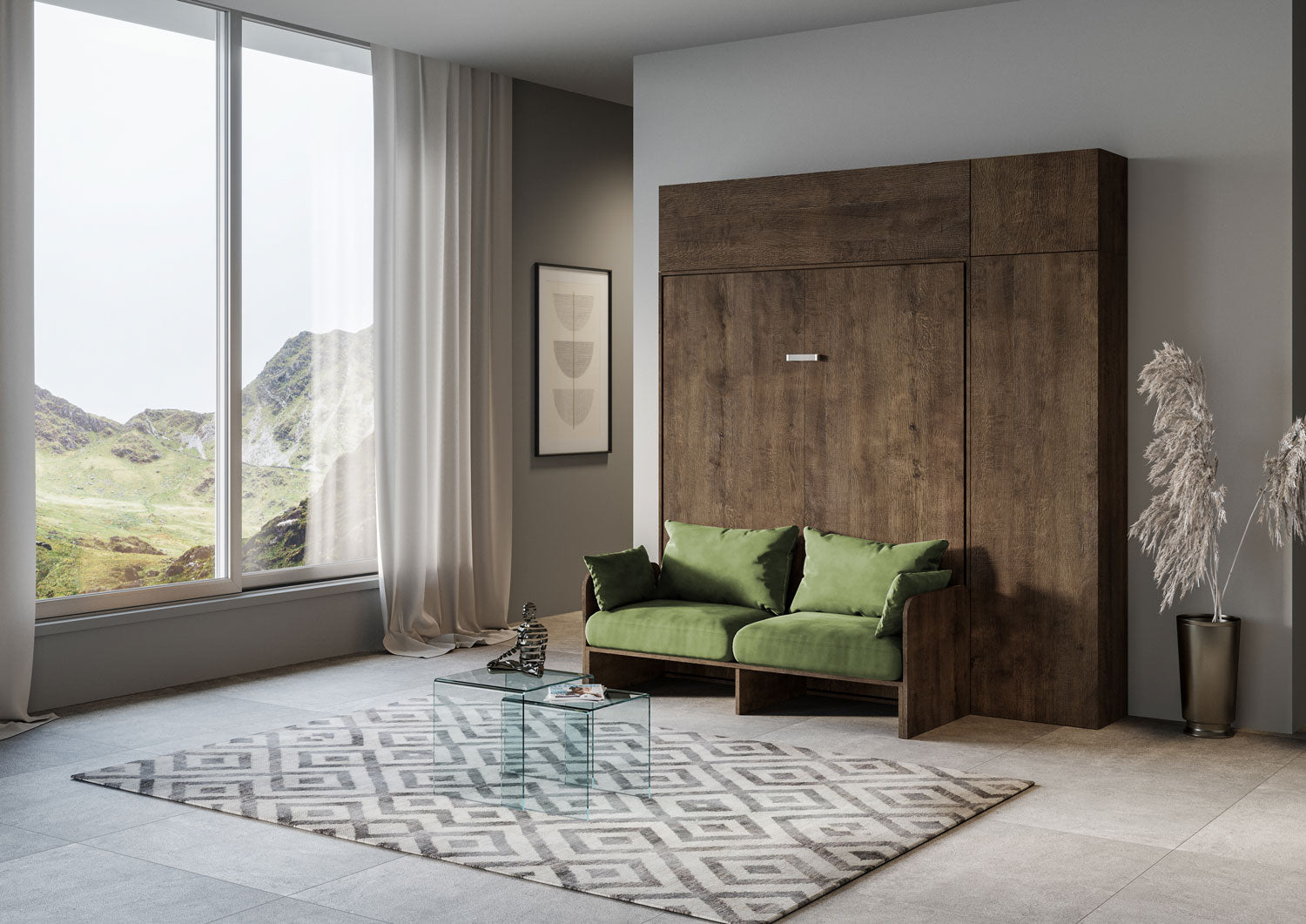 Letto Matrimoniale A Scomparsa 160 Kentaro Con Divano E Mobili Noce e Verde