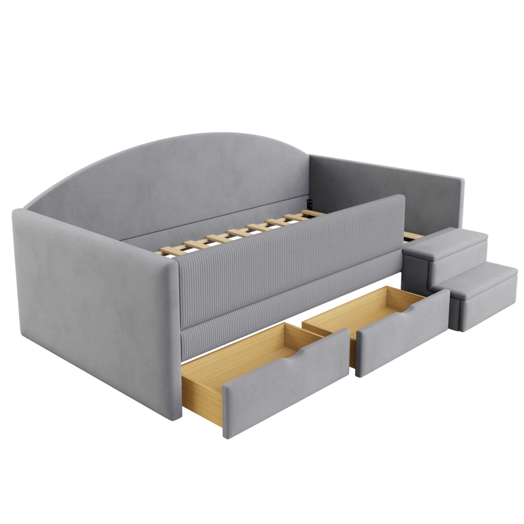 Letto imbottito 90x190 cm con due cassetti e scalini in velluto