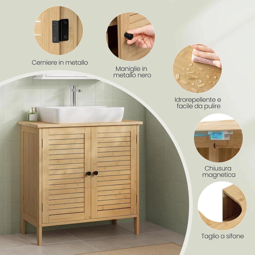Mobile Da Bagno In Bambù, Base Con Ritaglio Per Sifone 20x23 cm, Armadio Indipendente Con Ante a Griglia e Ripiano Regolabile, 60x30x60 cm