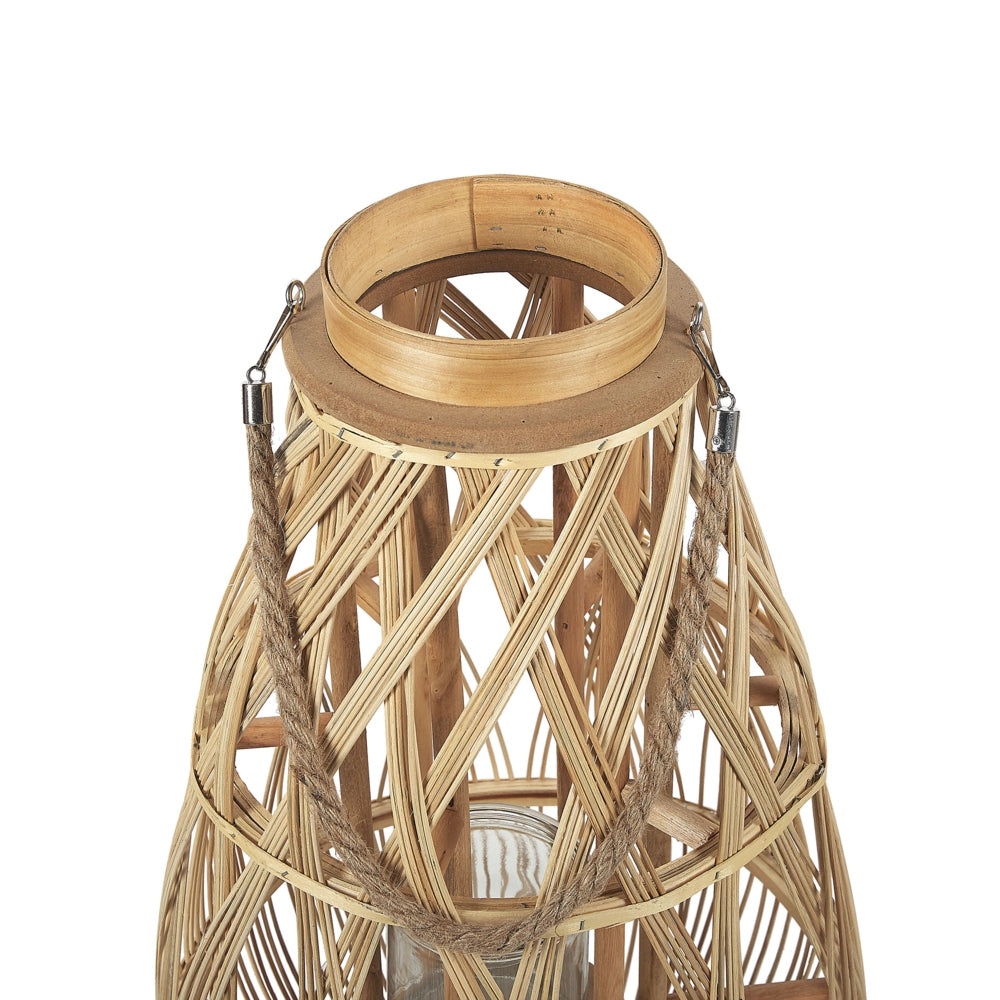 Lanterna leggera in legno di bambù e vetro 56 cm Portacandele intrecciato per interni ed esterni Boho scandinavo