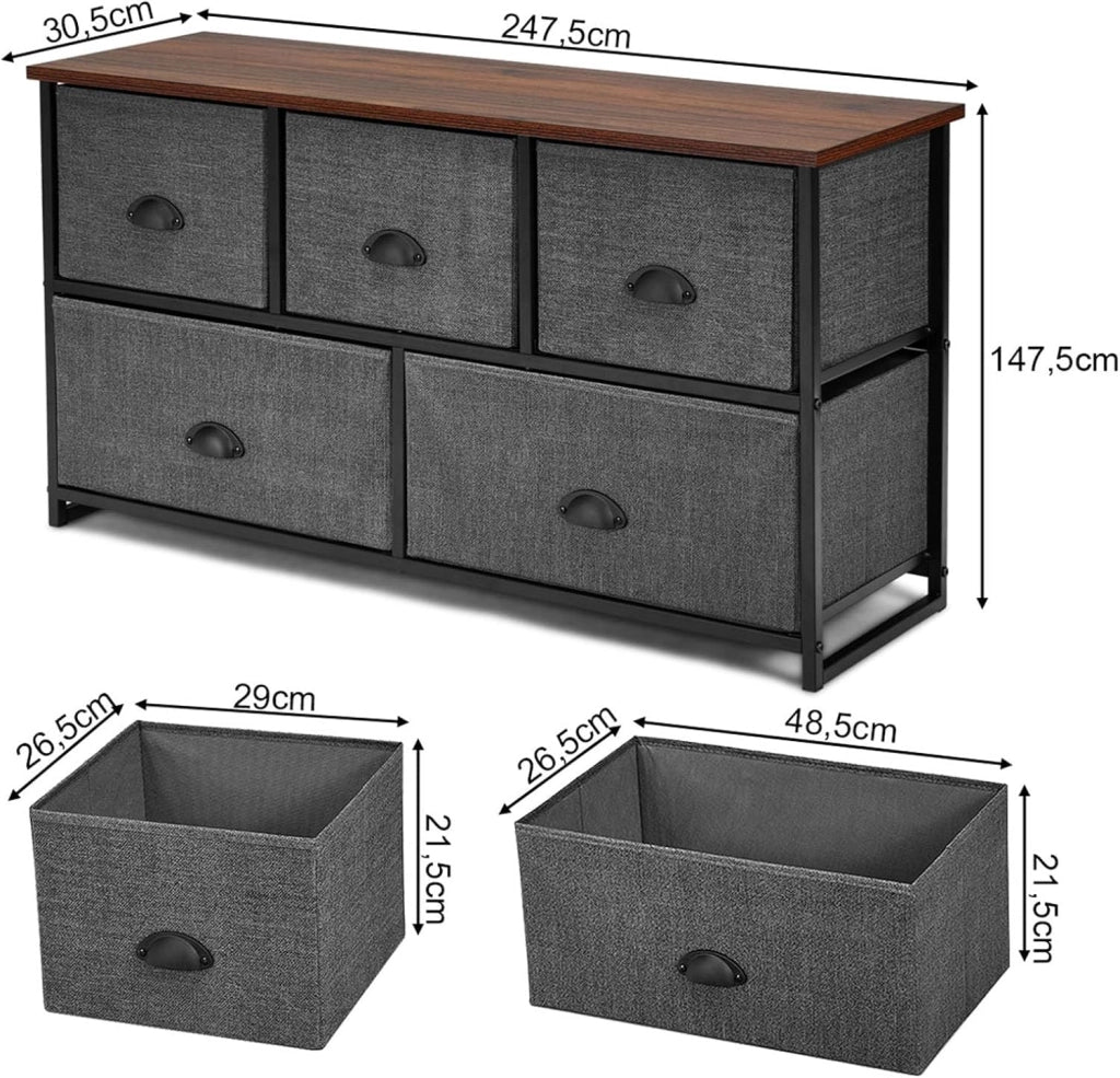 Cassettiera 5 Cassetti, Mobiletto Multiuso Salvaspazio, per Camera da Letto Bagno Ingresso, 100x30x53,5cm