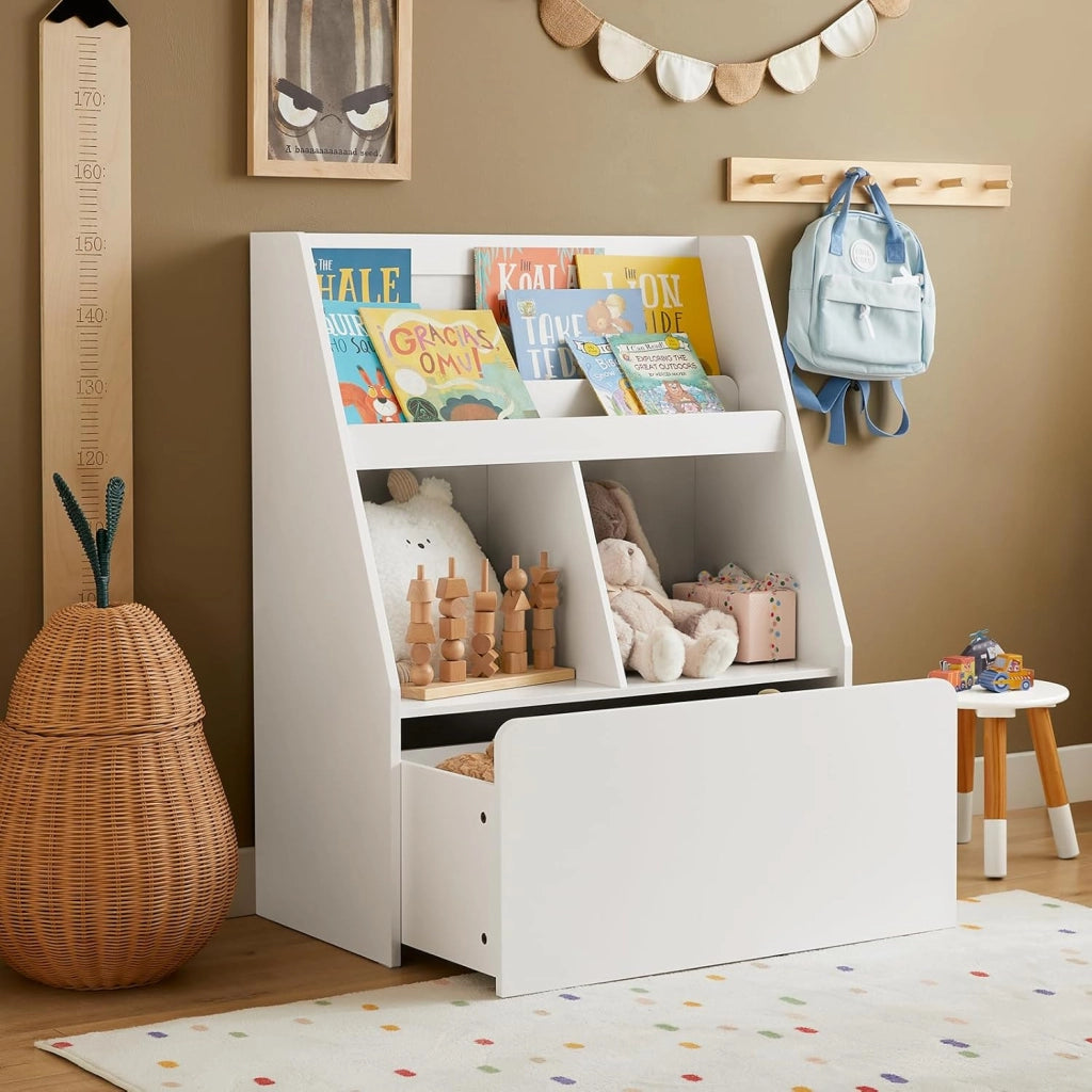 Libreria per bambini Scaffale per bambini con cassapanca portagiochi estraibile Mobili cameretta Bianco 76x40x100cm KMB83-W