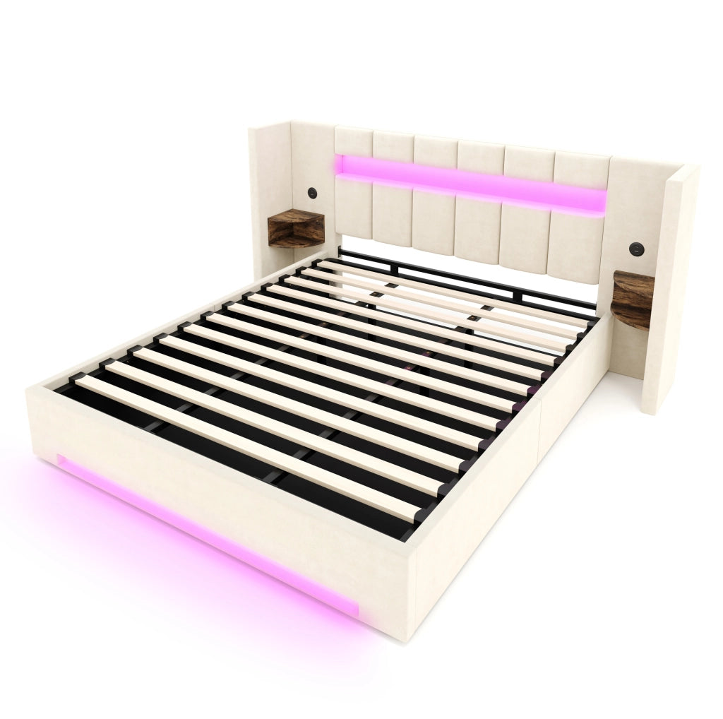 Letto 180x200 cm con contenitore; USB e LED in velluto beige
