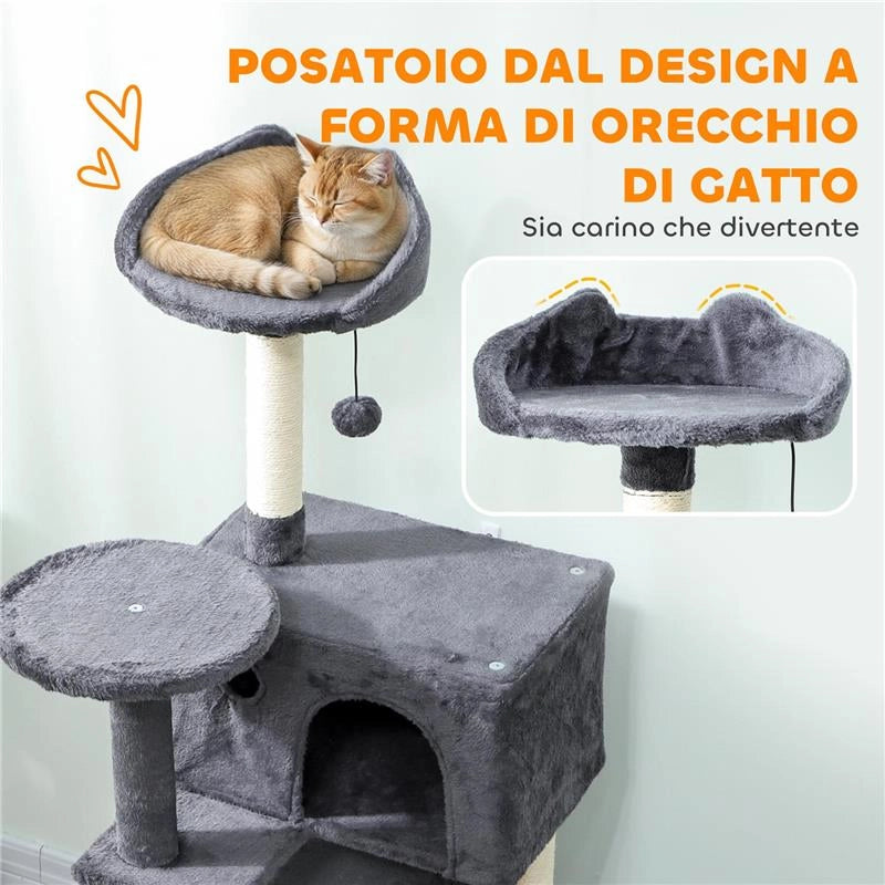 ALBERO PER GATTI ALTO 140 CM CON 2 CASETTE, LETTINO E AMACA PER 2-3 GATTI, RIVESTIMENTO PELUCHE, GRIGIO