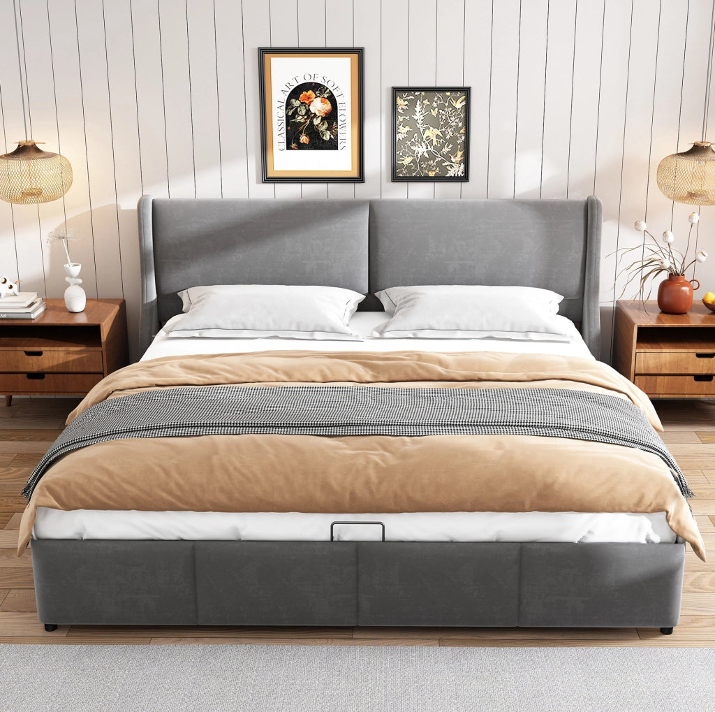 Letto matrimoniale con contenitore e rete 180x200 cm in velluto grigio; testiera sagomata