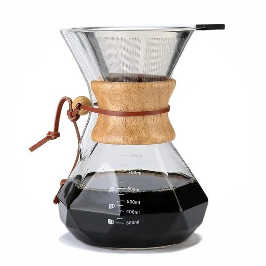 Caffettiera elettrica con filtro in acciaio inossidabile - Caraffa per caffè 800 ml - Coperchio in legno - Capacità 4-6 tazze - Temperatura 85-95°C