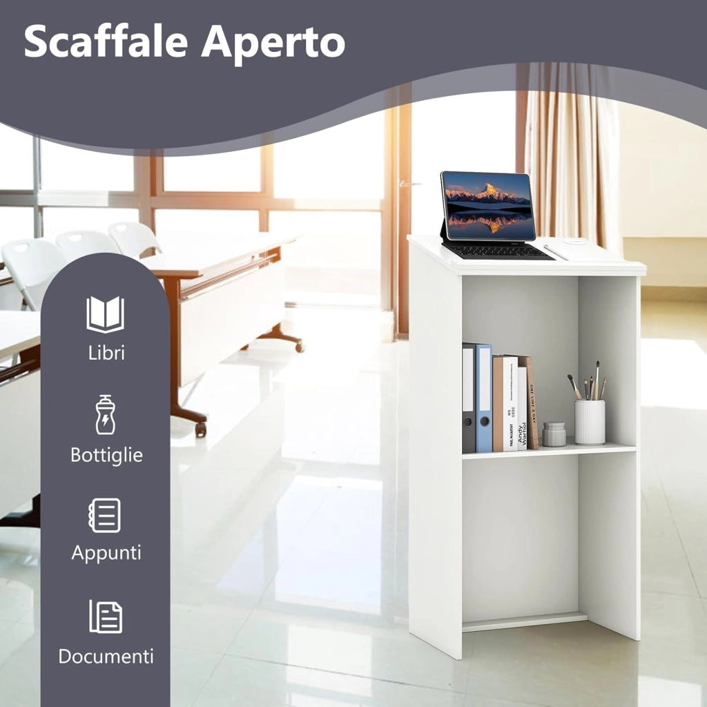 COSTWAY Leggio per Oratori, Podio per Conferenza con Ripiani e Fori per Cavi, Leggio da Pulpito in Legno per Aula, Ufficio, Ristorante e Seminario (Bianco)