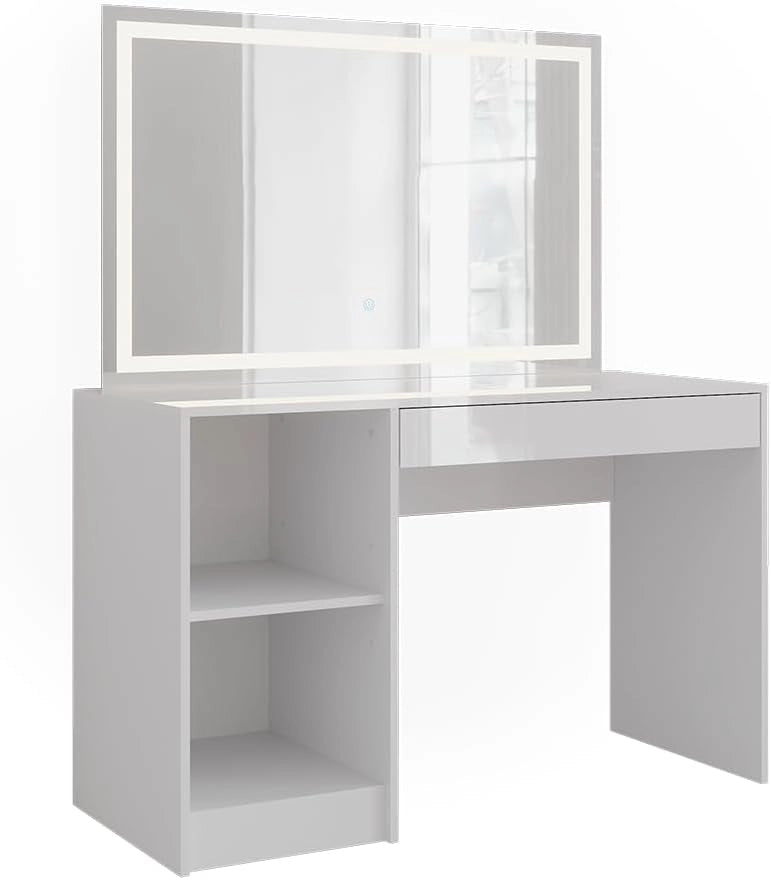 Tavolo da toeletta Sherry, Bianco/bianco lucido, 119.8 cm con specchio LED