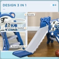 Scivolo per Bambini 18-36 Mesi con Canestro da Basket Laterale in PE, 133x60x70 cm, Blu e Grigio
