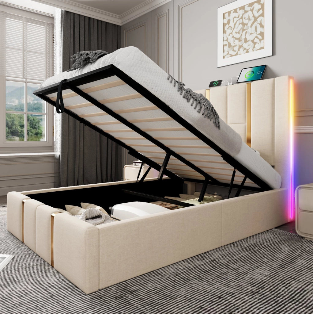 Letto imbottito 90x200 cm con LED RGB; USB e Type-C; contenitore; lino beige