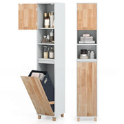 Armadio per biancheria con 3 ripiani e cesta porta biancheria rimovibile-Mobiletto da bagno Unit¨¤ alta per bagno con ante in legno in gomma