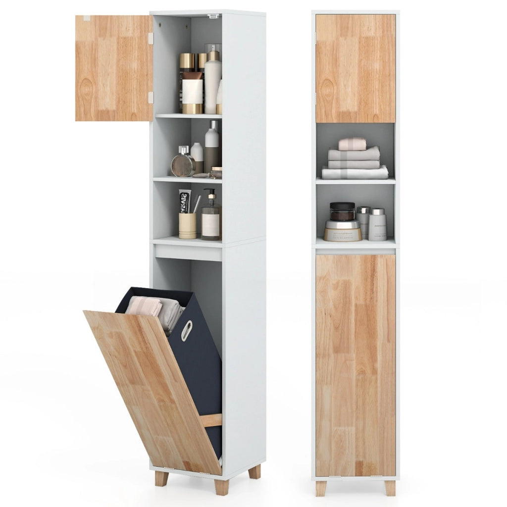 Armadio per biancheria con 3 ripiani e cesta porta biancheria rimovibile-Mobiletto da bagno Unit¨¤ alta per bagno con ante in legno in gomma