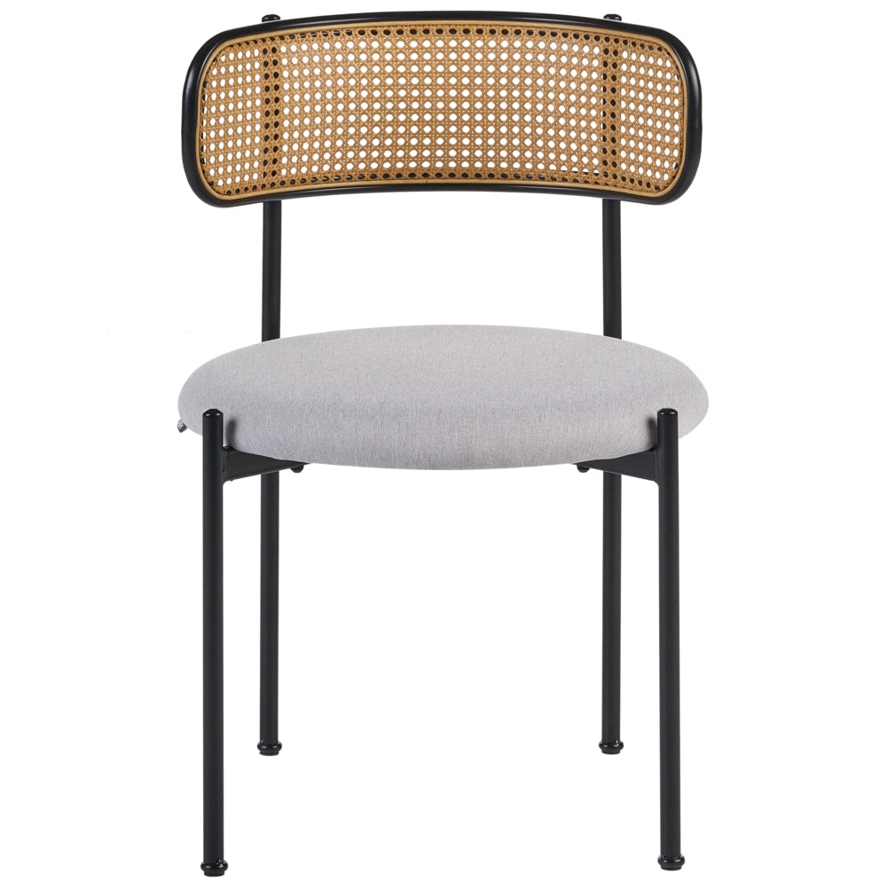 Set di 2 sedie da salotto con seduta in tessuto beige e struttura in metallo nero con effetto legno chiaro treccia viennese stile retrò soggiorno