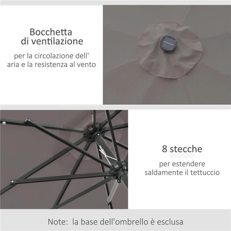 OMBRELLONE DA GIARDINO INCLINABILE Ï265 CM CON 32 LUCI LED SOLARI E MANOVELLA, GRIGIO