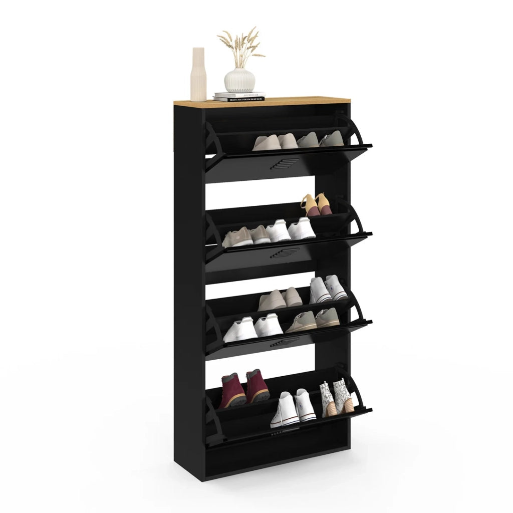 IDMarket - Scarpiera ESTER, capacità massima 24 paia, 4 ante in metallo nero e piano in legno dal design industriale