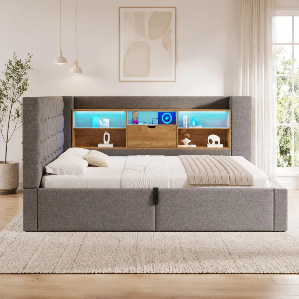 Letto imbottito 140x190 cm con LED, USB e contenitore