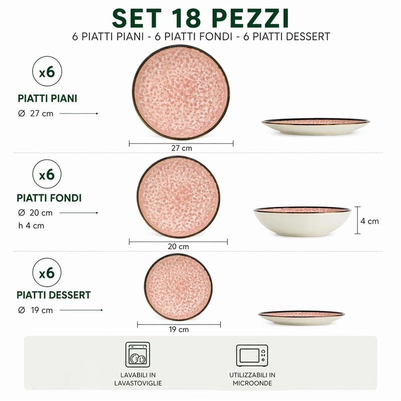 MA MAISON SERVIZIO PIATTI 18 PEZZI STILE ASTRATTO ROSA 6 FONDI - 6 PANI - 6 DA DESSERT PER LAVASTOVIGLIE E MICROONDE 6 PERSONE