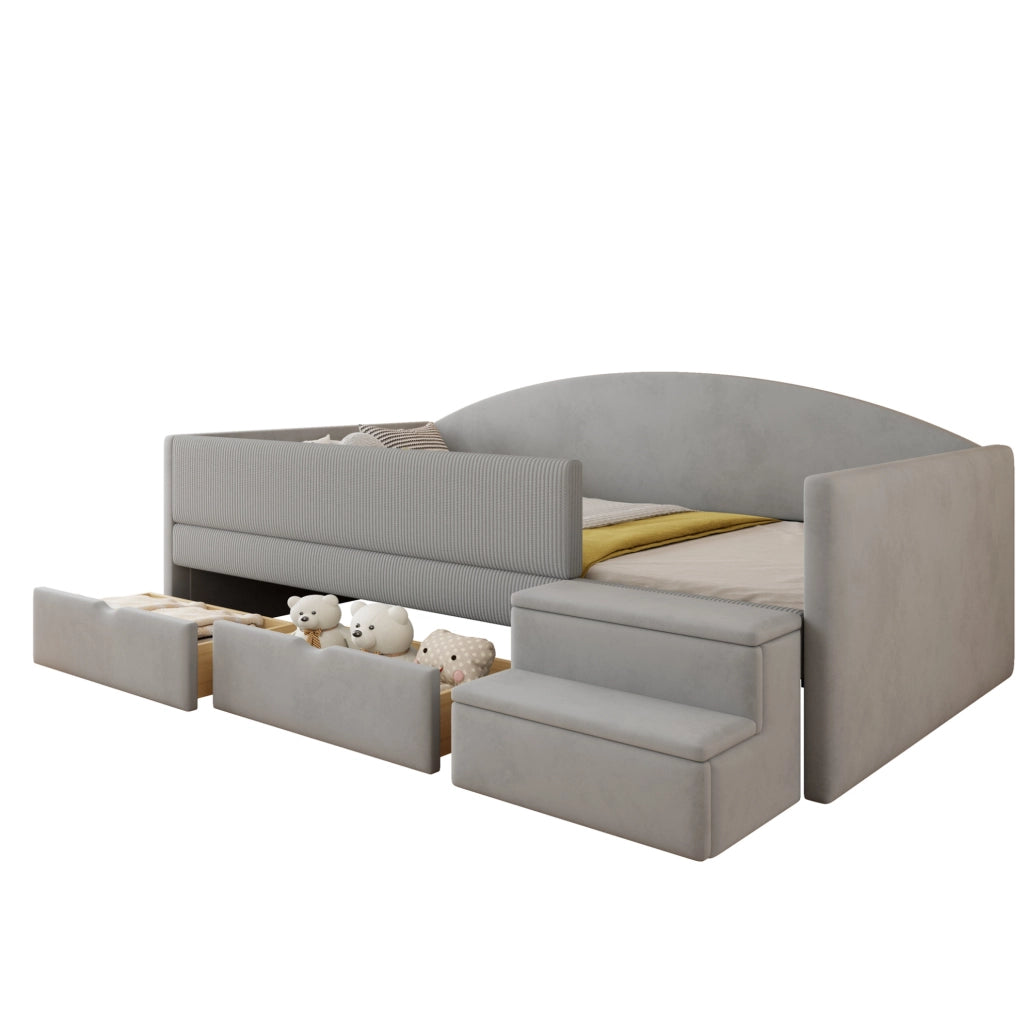 Letto imbottito 90x190 cm in velluto grigio acqua con cassetti e scalini