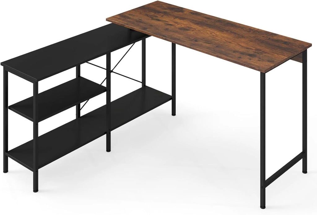 Scrivania per computer a forma di L, reversibile, con 2 ripiani e struttura in metallo, 135 x 120 x 74,5 cm, scrivania angolare per ufficio, camera da letto