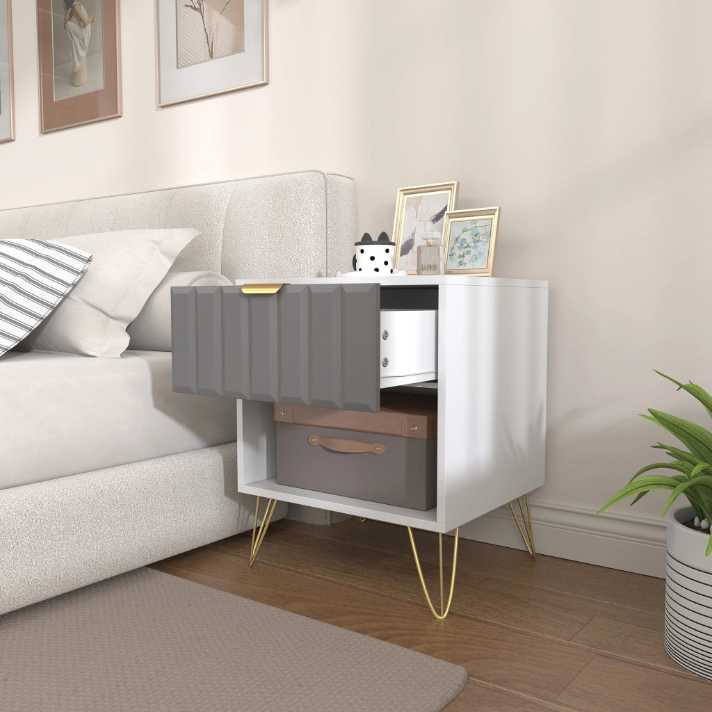 Comodino con cassetto e ripiano ¨C Minimal ¨C bianco, acciaio, 45x40x55