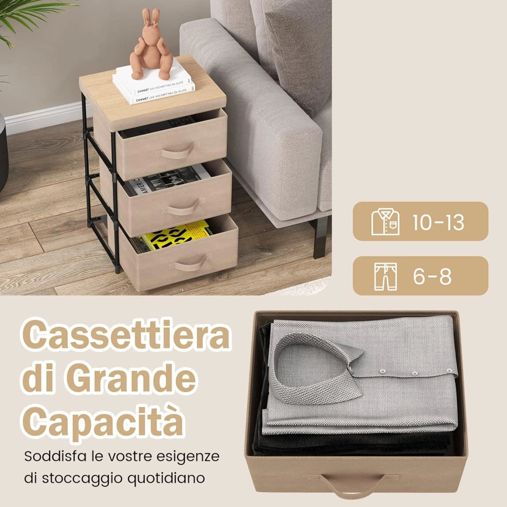 Cassettiera in Tessuto, Mobile con 3 Cassetti e Struttura Robusta in Metallo, Armadio per Camera da Letto, Soggiorno, Ingresso, 40 x 30 x 62 cm (Caffè)