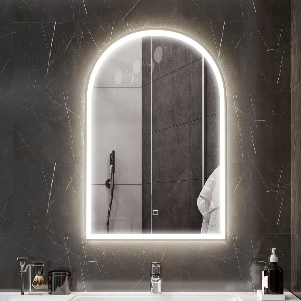 Specchio da bagno LED 90x60cm ¨C Xylo ¨C con antiappannamento e interruttore tattile, cornice in alluminio