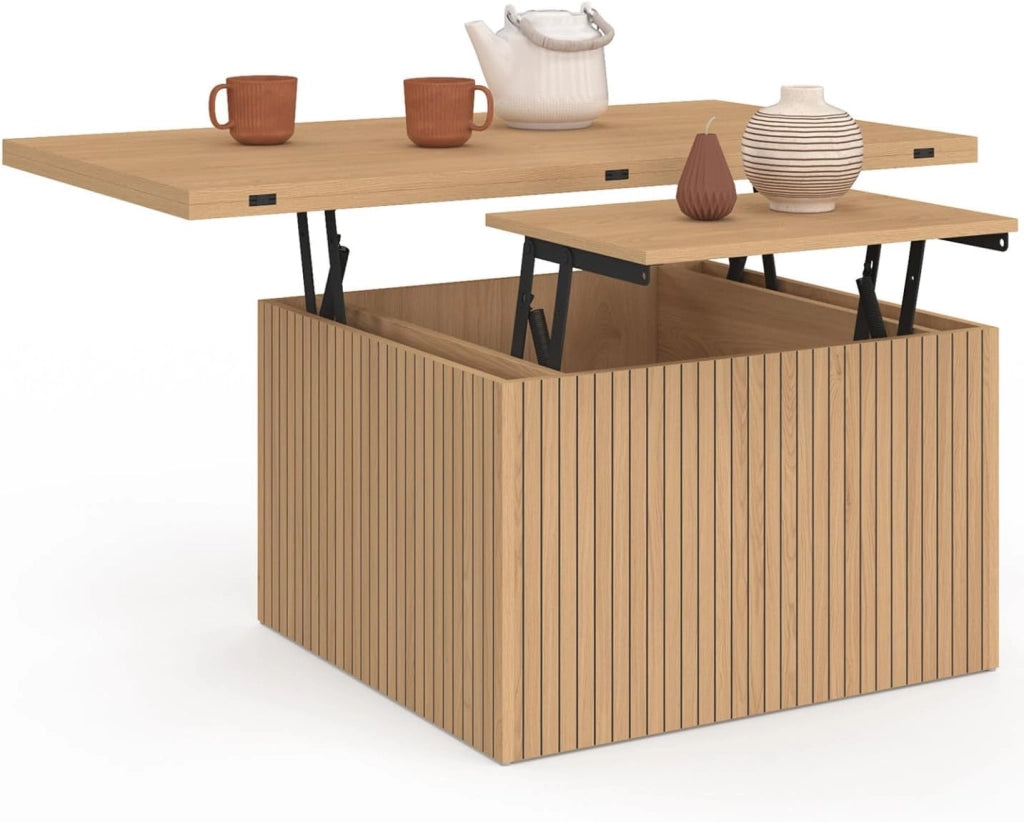 Tavolino da caffè con piano sollevabile rettangolare convertibile in tavolo da pranzo Juliette 100 cm effetto stecche legno
