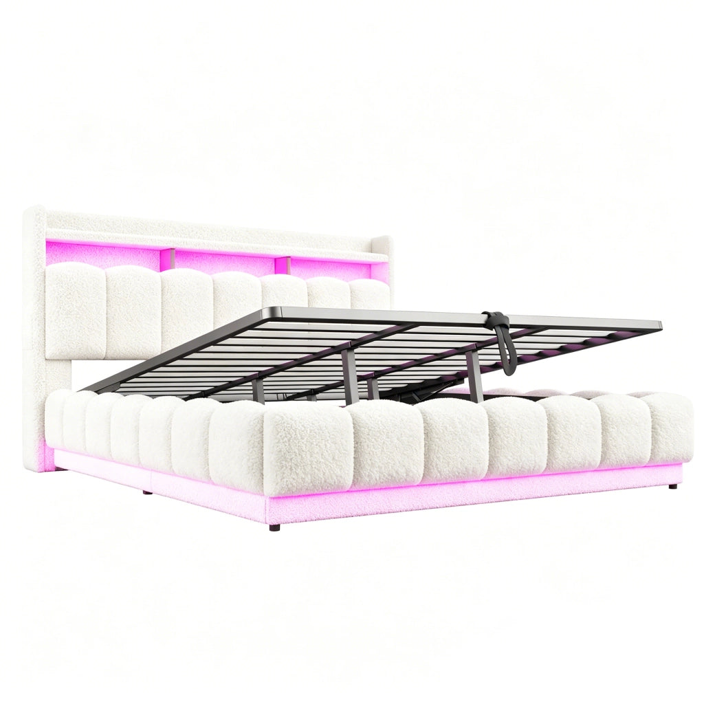 Letto matrimoniale 180x200 imbottito bianco con contenitore idraulico; LED e USB