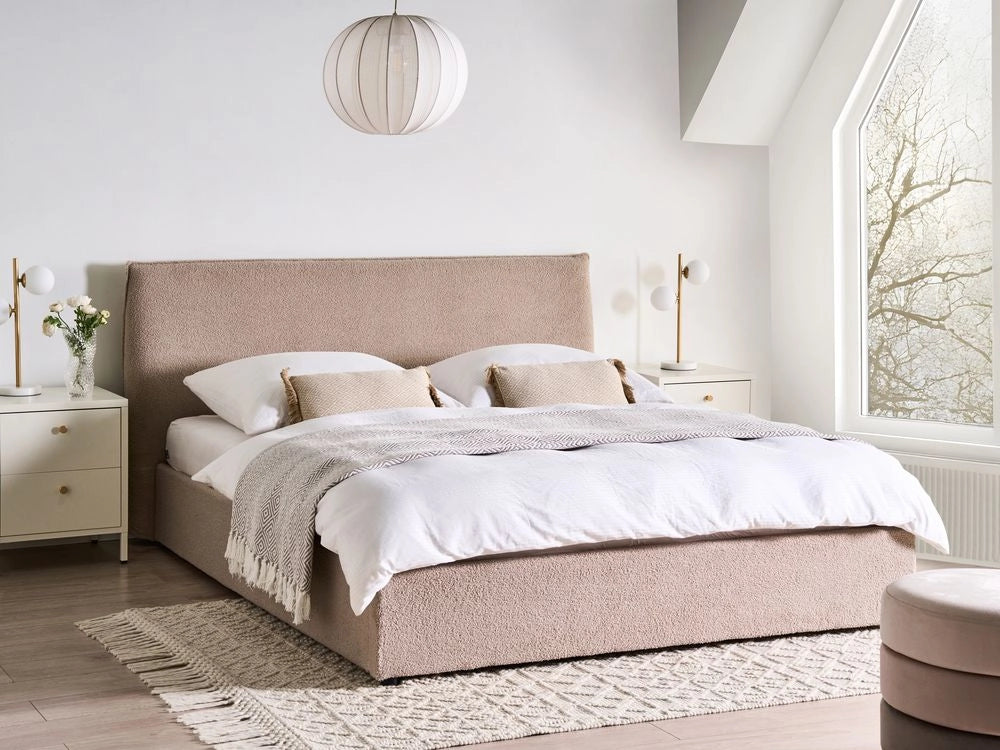 Letto matrimoniale con contenitore in tessuto bouclé tortora con testiera 160 x 200 cm Doghe in legno