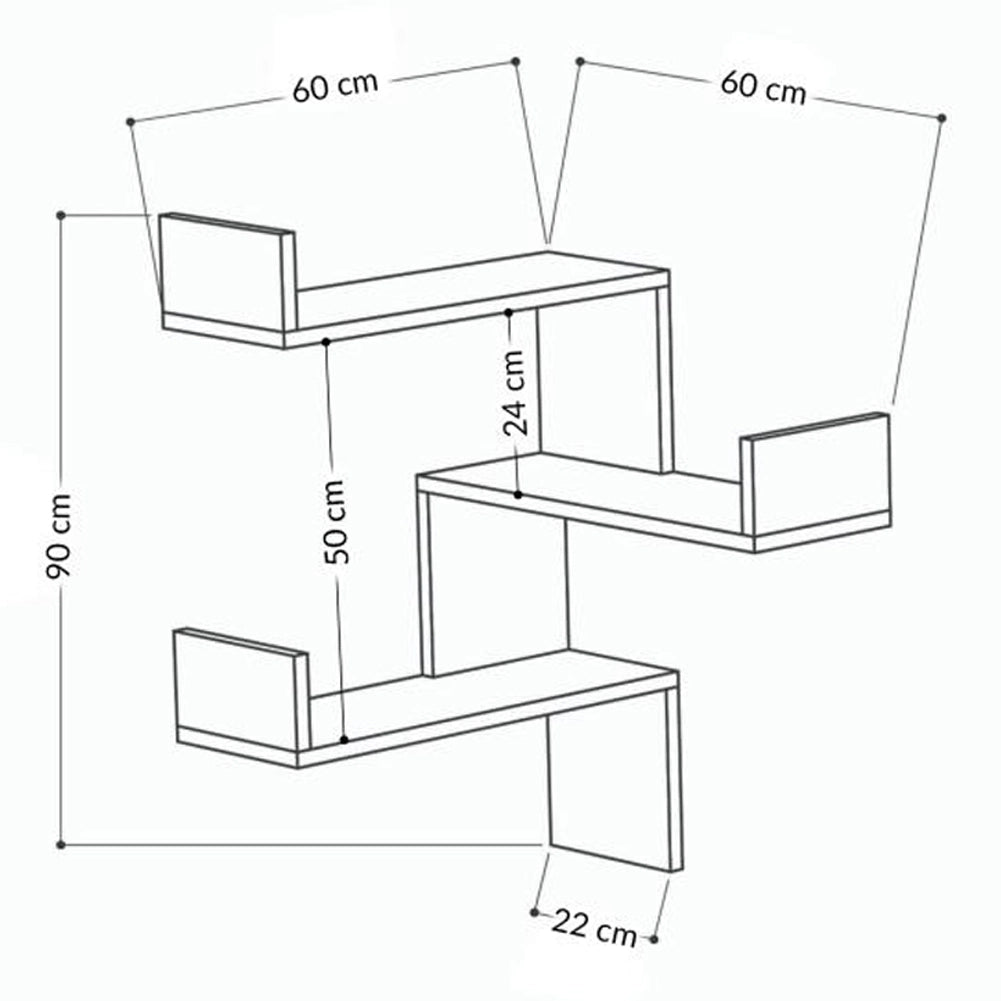 Mensola Scaffale Angolare da Parete 3 Piani Salvaspazio Noce 60 x 22 x 90H cm