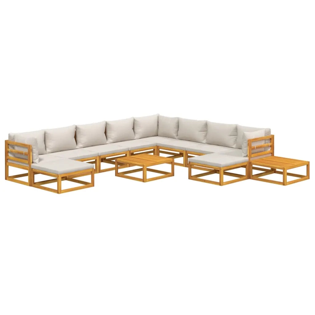 Set Salotto Giardino 12pz Cuscini Grigio Chiaro Legno Massello