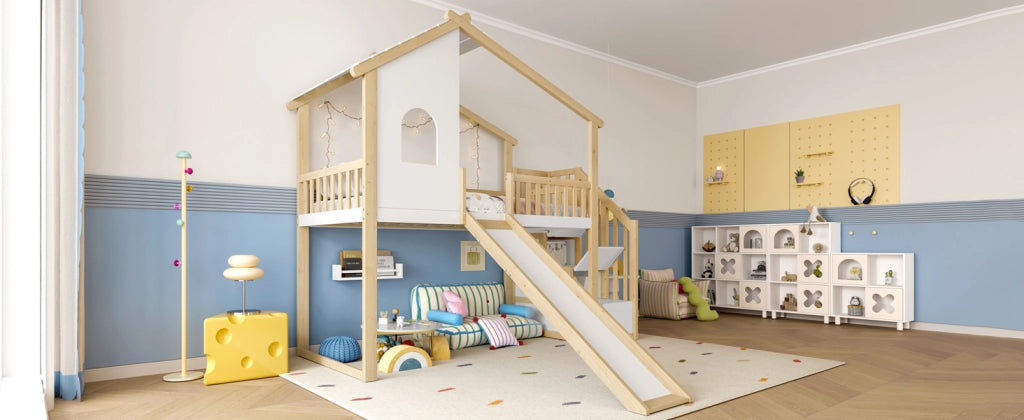 DESMIU Letto a soppalco per bambini 90 × 200 cm 1 posto con scivolo, scala contenitore e sponde, senza materasso