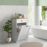 Mobiletto Bagno in Legno con Cesto Portabiancheria in Tessuto Ribaltabile e Cassetto, Bianco