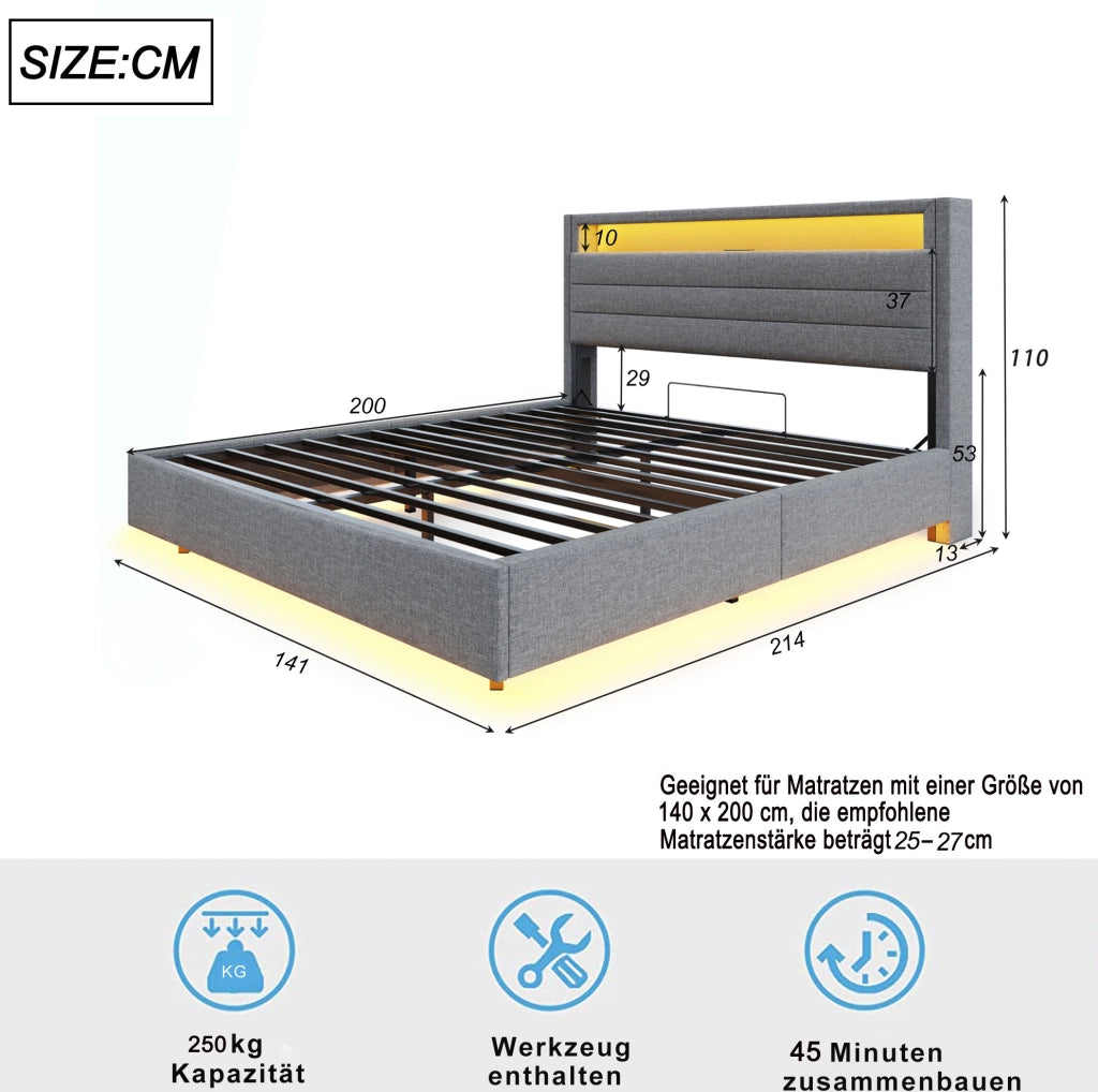Letto imbottito modulare 140 x 200 cm grigio con vano idraulico, LED e USB