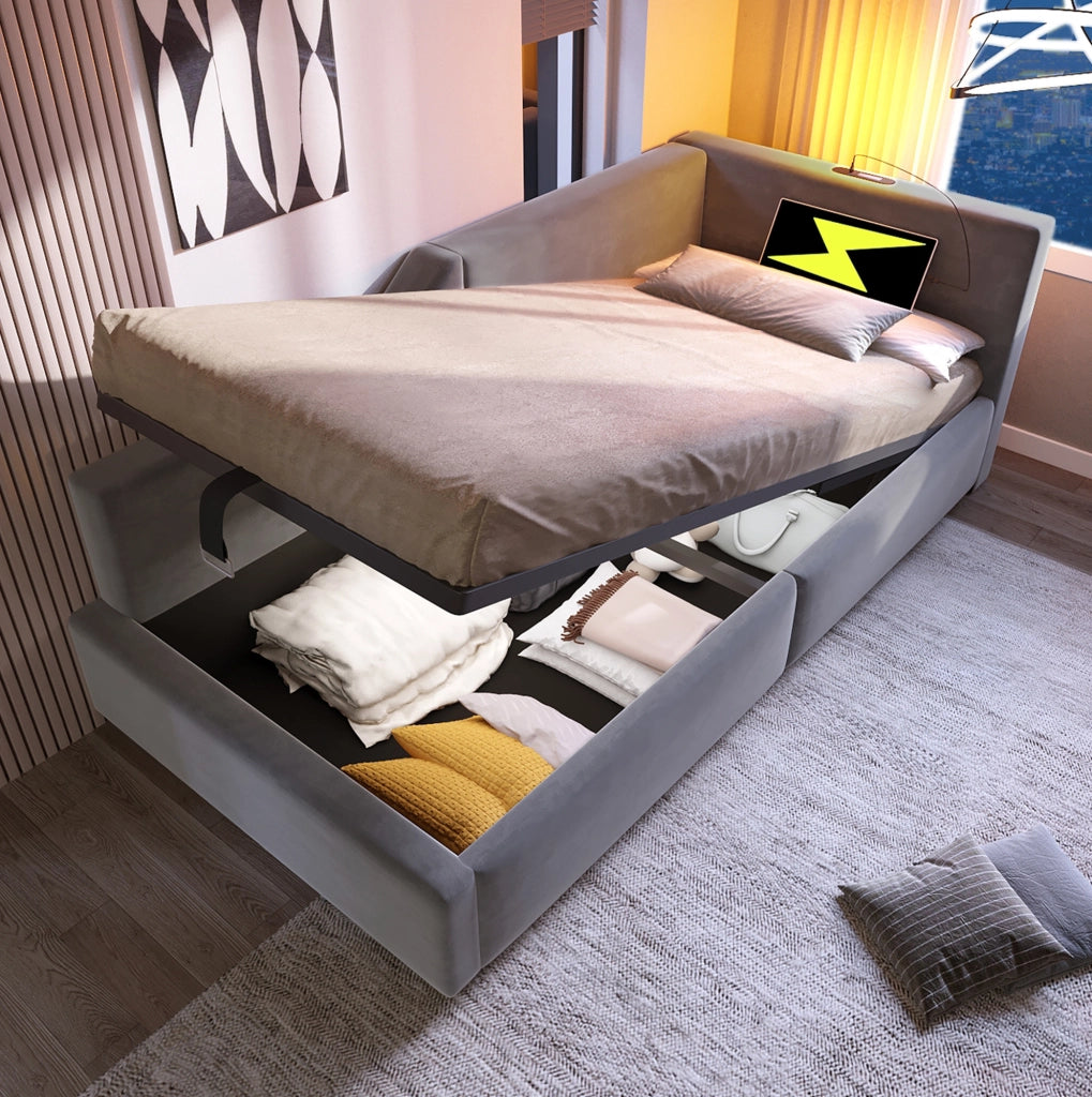 Letto a giorno 90x190 cm con contenitore; lampada da lettura e USB C; velluto grigio