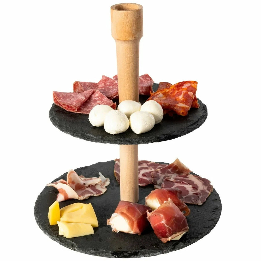 Trade Shop - Alzatina Stand Porta Dolci Rustici 2 Piani In Ardesia 20/25cm Legno Finger Food -