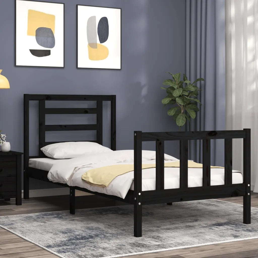Letto singolo | Letto per adulti | Giroletto con Testiera Nero Small Single in Legno Massello