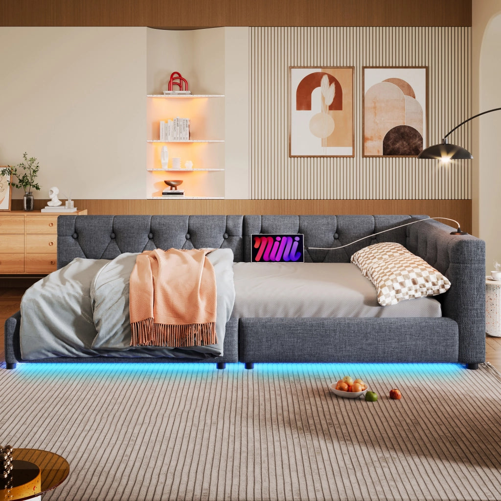 Letto divano con rete a doghe in lino grigio 90x200 cm