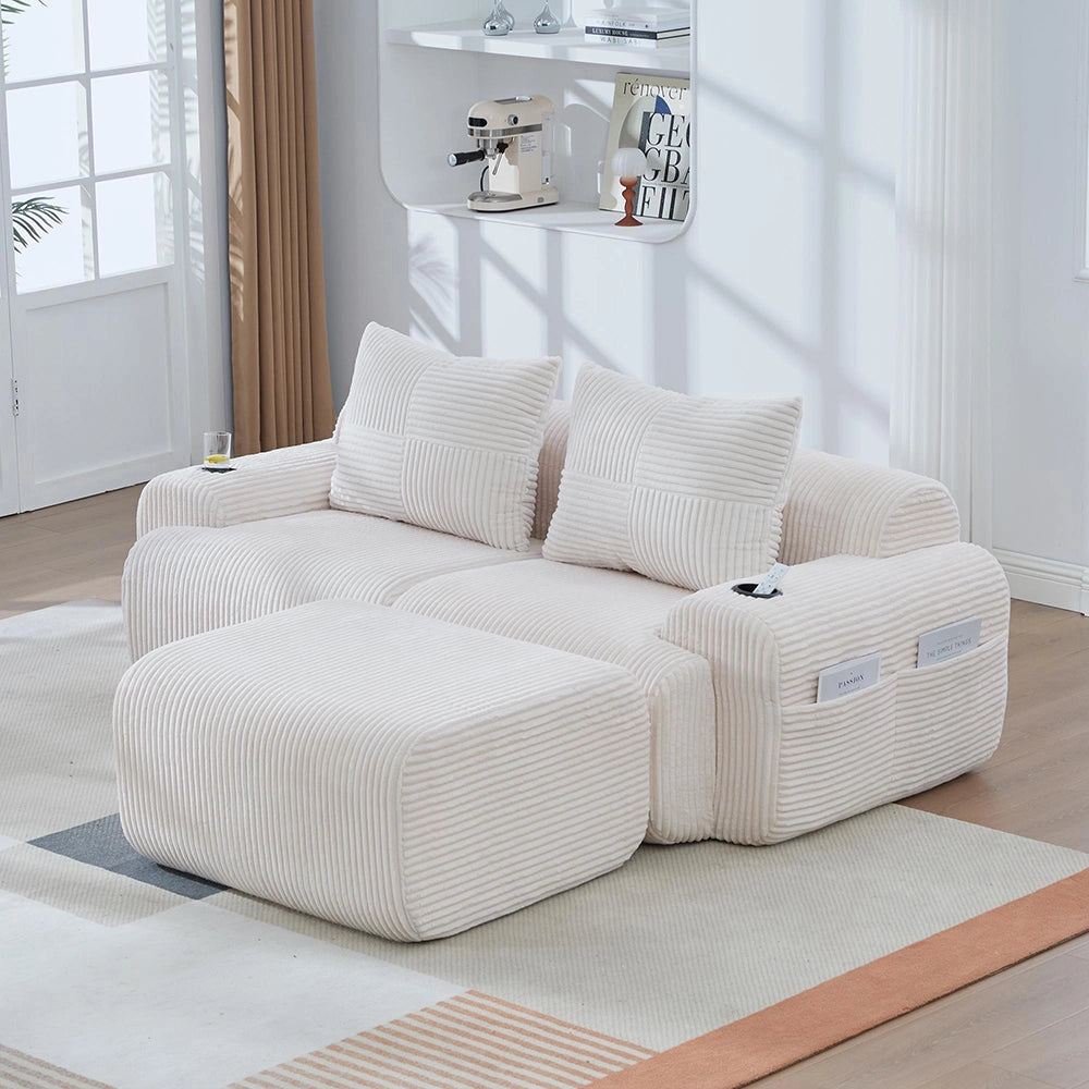 Canap¨¦ modulable in velluto costato per 2 persone - Xylo - Beige con porta-bevande e tasche laterali