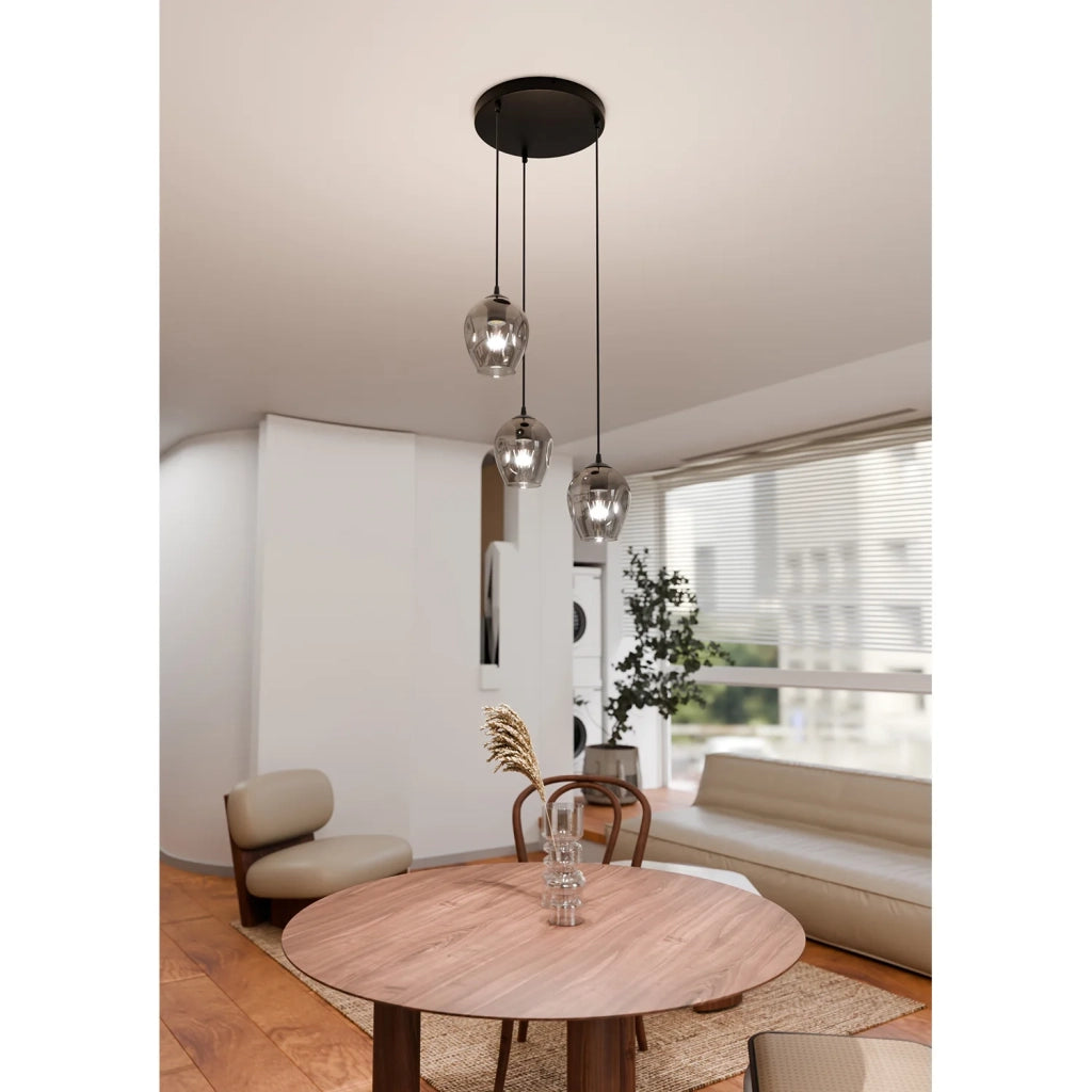 Lampadario 3 Luci Fuxi Base Tonda In Acciaio Nero E Vetri Fumè