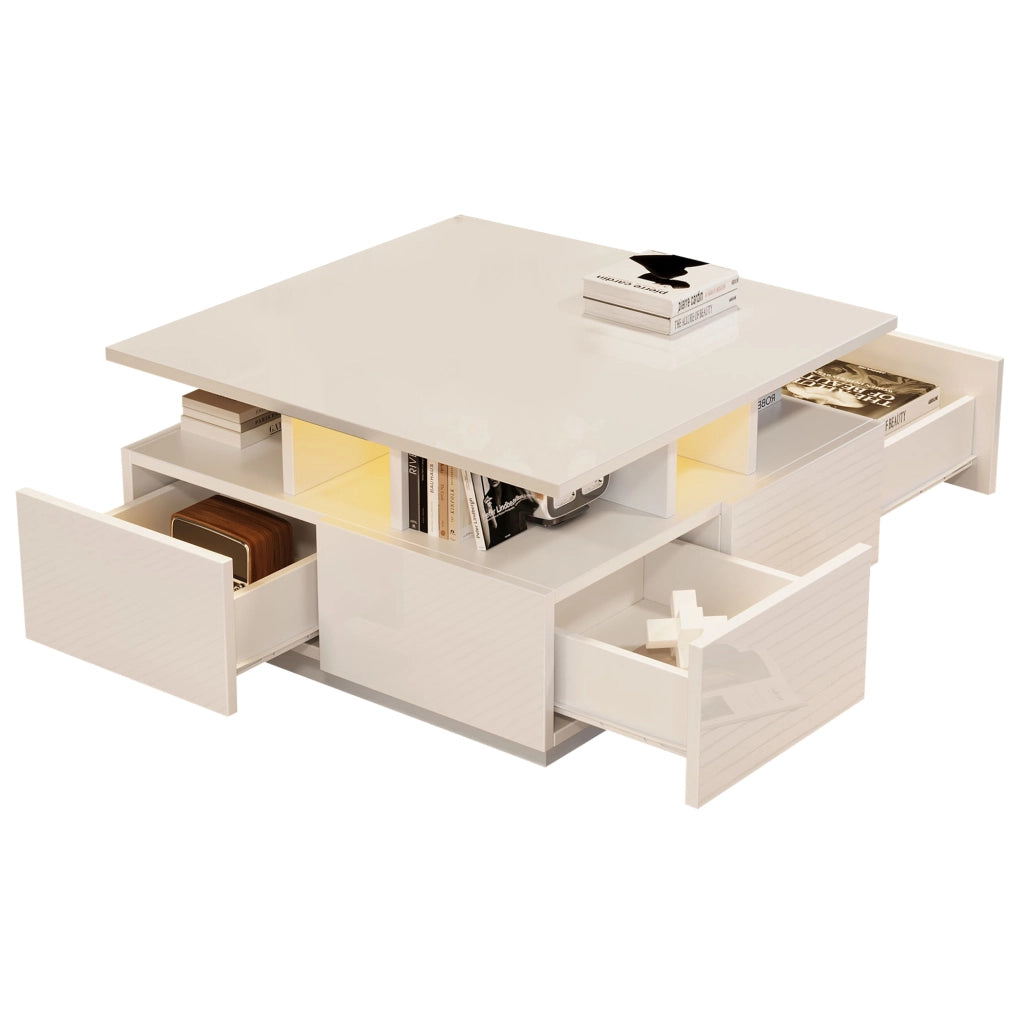 Tavolino da salotto cubico 70 x 70 x 40 cm bianco lucido con LED e 4 cassetti