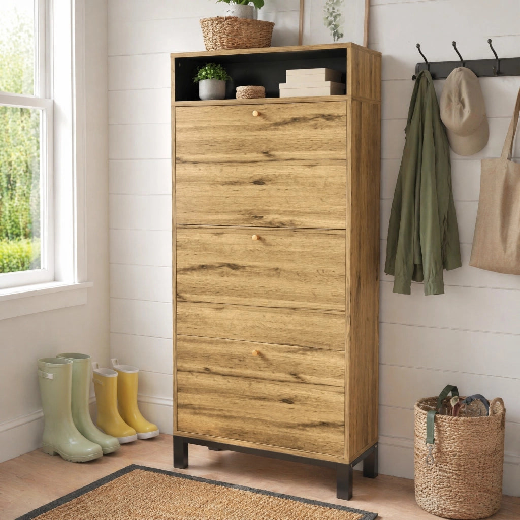 SCARPIERA salvaspazio 63x24x147 cm MDF naturale con 3 ribalte